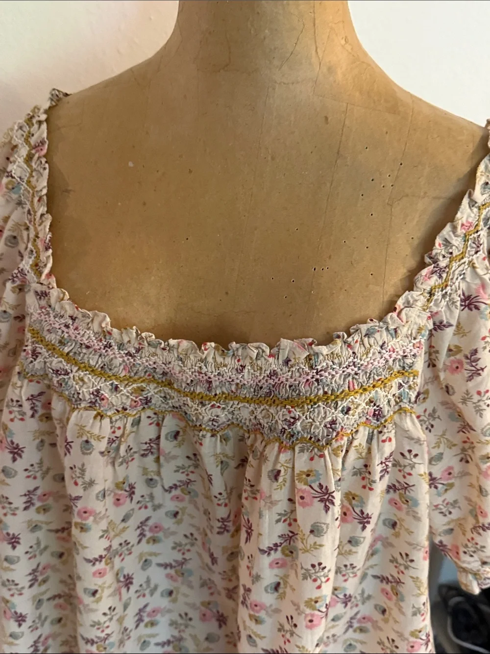Doen Cream Floral Smocked Off-Shoulder Blouse with Pink & Green